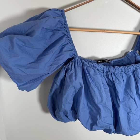 Zara Blue Ruched Ruffled Puff Crop Top - Picture 6 of 7